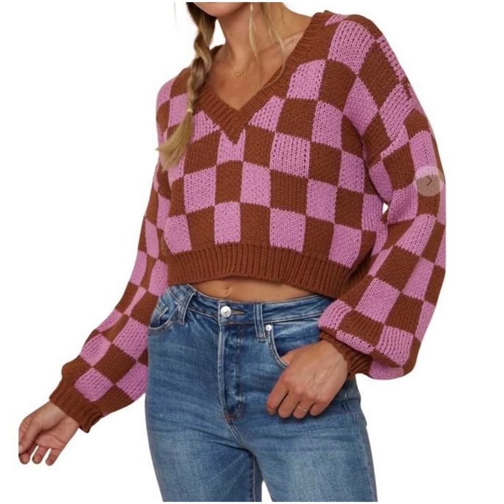 Vestique Pink Brown Checkered Cropped Chunky Preppy V-Neck Knit Sweater Womens M